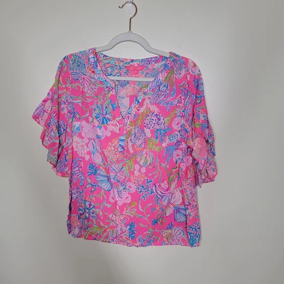 NWT Lilly Pulitzer Quinna Short Sleeved Top Pink Isle Shell Me Something Good S - Picture 3 of 6